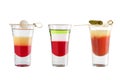 Popular alcohol shots on a white background. Three shots strong alcohol and decoration