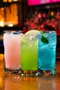 Popular alcoholic cocktails composition. Many cocktail drinks Blue hawaiian, tropical Martini, margarita Royalty Free Stock Photo
