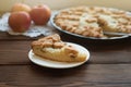 Popular American apple pie piece and cup of tea on wooden table background. Homemade classical friut tart, Piece of apple pie