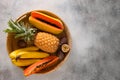 Popular Asian exotic fruits. Pineapple, passion fruit and papaya. Royalty Free Stock Photo