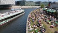Popular beach club at River Spree in Berlin on a hot summer day - CITY OF BERLIN, GERMANY - MAY 21, 2018 Royalty Free Stock Photo