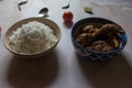 Popular Bengali lunch menu white rice and chicken masala. Royalty Free Stock Photo