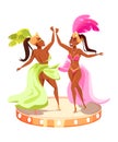 Popular brazil carnival event advertising poster element. Cartoon women in festive clothes dancing. Stage in shape of