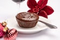 Popular british christmas food, glass of vintage ruby port wine and hot chocolate cake with christmas tree decoration on