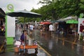 Popular Chatuchak Weekend Market during Rainy Season with visitors holding umbrellas