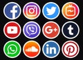 Popular circle social media icons with white rim on black backgr Royalty Free Stock Photo