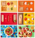 Popular colorful trendy food ingredient set collection. Fastfood doner shawarma roll hotdog sandwich salad with meat and Royalty Free Stock Photo