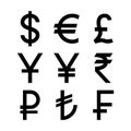 Popular countries currencies symbols. Black isolated currency icons.