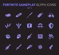 Popular epic game glyph icons. Vector illustration of military facilities. Airship, drift board, grenade, buggy, and