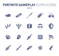 Popular epic game glyph icons. Vector illustration of military facilities. Airship, spear, grenade, vehicle and other