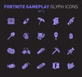 Popular epic game glyph icons. Vector illustration of military facilities. Chest, coins, umbrella and other weapons