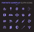 Popular epic game glyph icons. Vector illustration of military facilities. Grenade, machine gun, rifle, and other