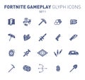 Popular epic game glyph icons. Vector illustration of military facilities. Robot, pickaxe, crystal, and weapons. Solid