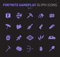 Popular epic game glyph icons. Vector illustration of military facilities. Robot, Slurp Juice, logs, aid kit, and