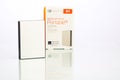 Popular external hard drive on display on white background - Wide angle