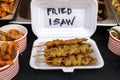 Popular Filipino street food chicken intestines Fried Isaw