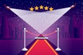 Popular film premiere cinema set vector illustration. Long white limousine near red carpet for famous ator, high movie