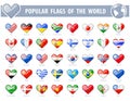 Popular flags of the world. Heart Glossy Icons.