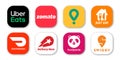 Popular food delivery service logos: Uber Eats, Zomato, Glovo, Just Eat, Doordash, Delivery Hero, Foodpanda, Swiggy. Vector logo