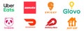 Popular food delivery service logos: Uber Eats, Zomato, Glovo, Just Eat, Doordash, Delivery Hero, Foodpanda, Swiggy. Vector logo