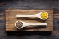 Popular healthy Asian and European cereals red lentil lens culinaris and bulgur in wooden culinary spoons