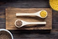 Popular healthy Asian and European cereals red lentil lens culinaris and bulgur in wooden culinary spoons