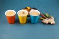 Popular Indian drink Karak tea or Masala chai. Prepared with the addition of milk, variety of spices. Three colored ceramic