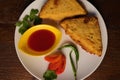 popular Indian snacks BREAD PAKORA with tomato sauce and green chilli,