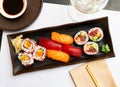 Popular Japanese dish sushi combo, which includes of Uramakis, Makis and Nigiris Royalty Free Stock Photo