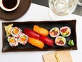 Popular Japanese dish sushi combo, which includes of Uramakis, Makis and Nigiris Royalty Free Stock Photo