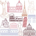 Popular landmarks and sculpture of Italy- Tourist attractions in Italy Line art