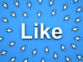 Popular Like concept many arrow cursors mouse clicking like button or link on blue background