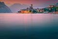 Popular Malcesine tourist resort at colorful sunset, Garda lake, Italy Royalty Free Stock Photo