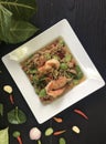 A popular menu in Thailand.Stir Fried Shrimp with Sataw and Roasted Chili Paste Royalty Free Stock Photo