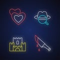 Popular movie types neon light icons set