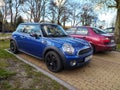 Old dark blue Morris Mini Copper parked