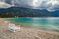 Popular Oludeniz beach in thunderstorm weather in spring