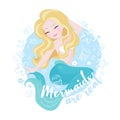 Popular pastel mermaid set. Happy and beautiful mermaid on blue background. Print for t shirts or kids fashion artworks, children