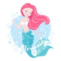 Popular pastel mermaid set. Happy and beautiful mermaid on blue background. Print for t shirts or kids fashion artworks, children