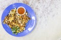 Popular Penang fried oyster omelette egg served with chilli dip Royalty Free Stock Photo