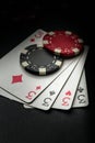 A popular poker game with a winning combination of four of a kind or quads. Chips and cards on the black table Royalty Free Stock Photo