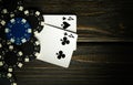 A popular poker game with a winning combination of one pair. Two cards with chips on a vintage table in a poker club