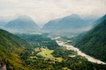 Popular rafting and kayaking place in Europe. Turquoise Soca river and gorge, Bovec, Slovenia, Europe. Royalty Free Stock Photo