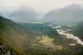 Popular rafting and kayaking place in Europe. Turquoise Soca river and gorge, Bovec, Slovenia, Europe. Royalty Free Stock Photo