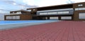 A popular red brick as paving stone on a luxury private estate with a swimming pool surrounded by a concrete walkway. 3d rendering