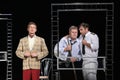 Popular Russian actors Dmitry Isaev, Igor Livanov, Sergey Astakhov during a performance on the stage of the theater