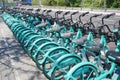 The popular shared bicycles operated by Didi are waiting ready for customers on street, Chengdu, China. Royalty Free Stock Photo