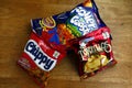 Popular snack food chips in foil packs