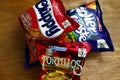 Popular snack food chips in foil packs