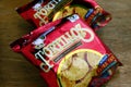 Popular snack food chips in foil packs